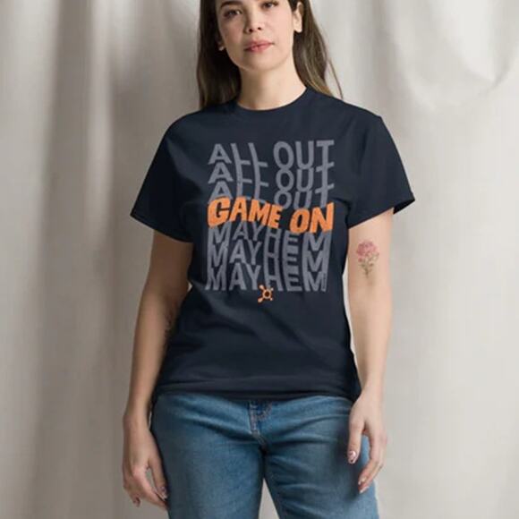 Orangetheory Unisex All Out Mayhem 2025 T-Shirt M Blue Crew Neck Short Sleeve - Picture 1 of 9